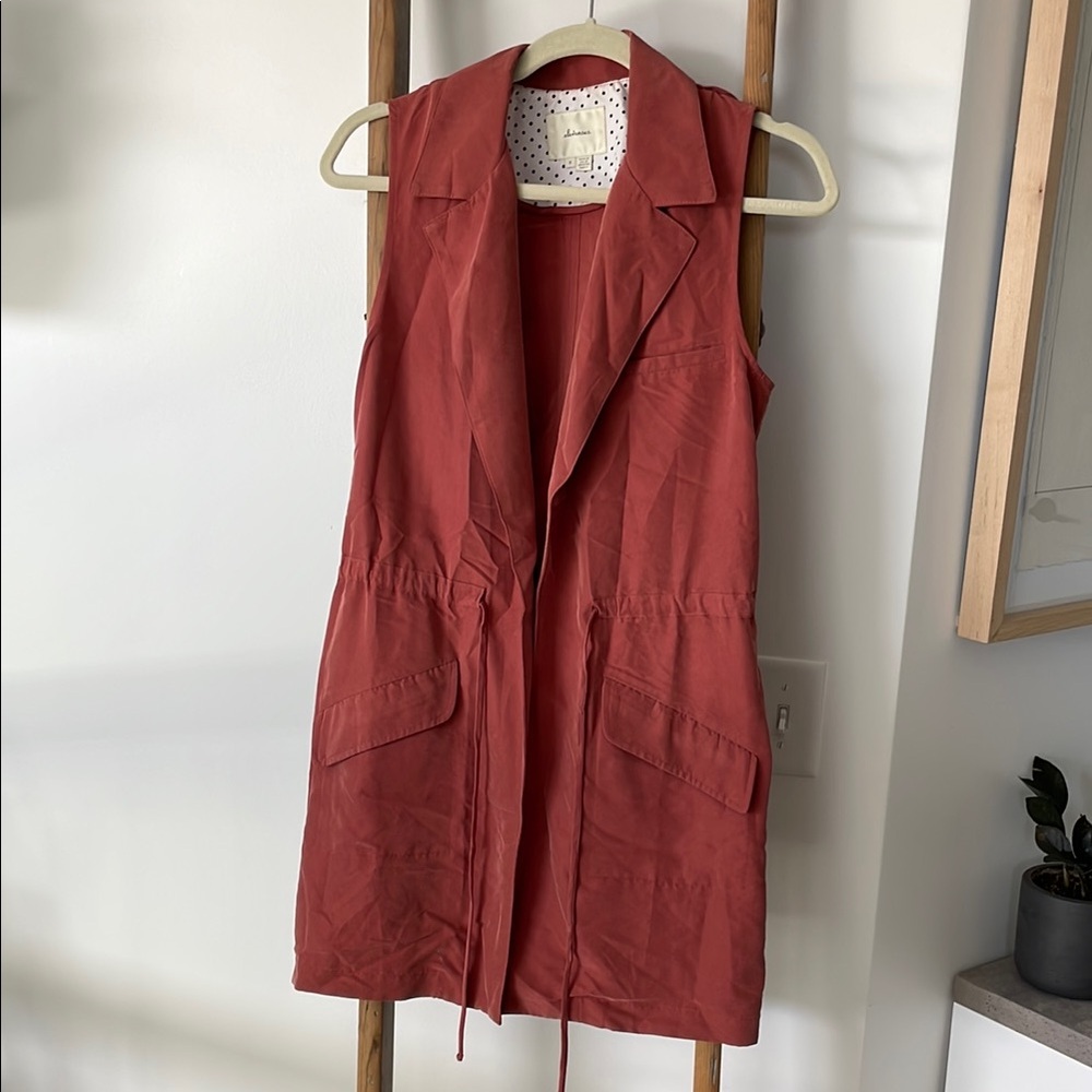 Brown Vest with Lapel Collar and Belted Waist